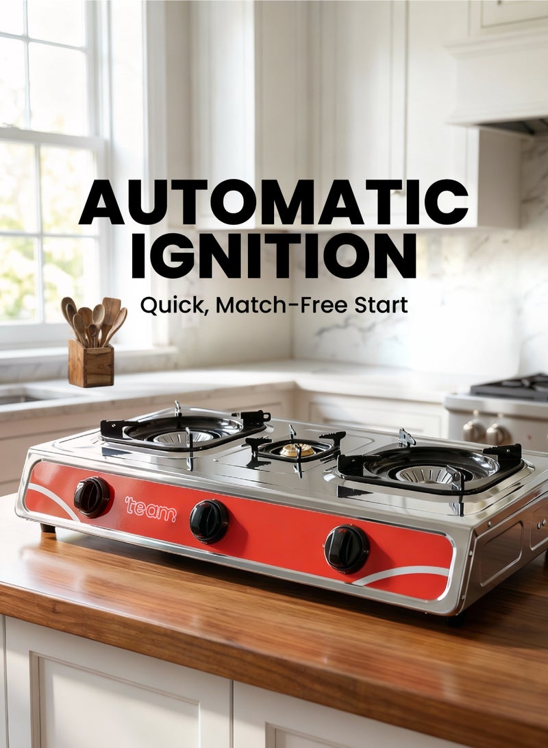 Team Triple Burner Gas Stove – Stainless Steel Top, Cast Iron Pan Supports, Automatic Ignition, Whirlwind Flame Design, Double Jet System – Table Top Gas Cooker - Image 5